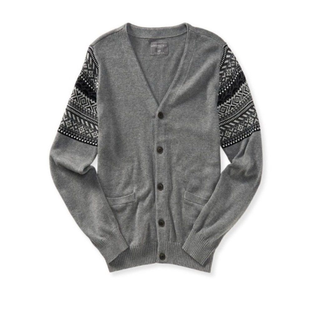 Aeropostale Gray V-neck Cardigan Fair Isle Sweater Unisex